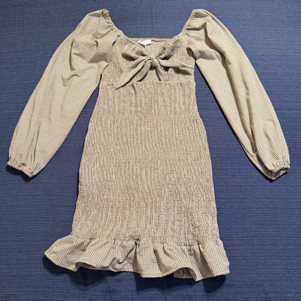 Mable Tan Gingham Smocked Mini Dress Long Balloon Sleeve Tie Front Small MD2477A
